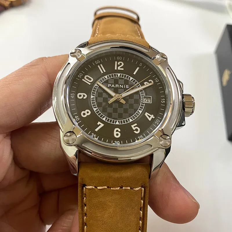 Parnis Men Automatic Watch 44mm Luxury Military Mechanical Wristwatch 50m Waterproof Luminous Sapphire Date Fashion
