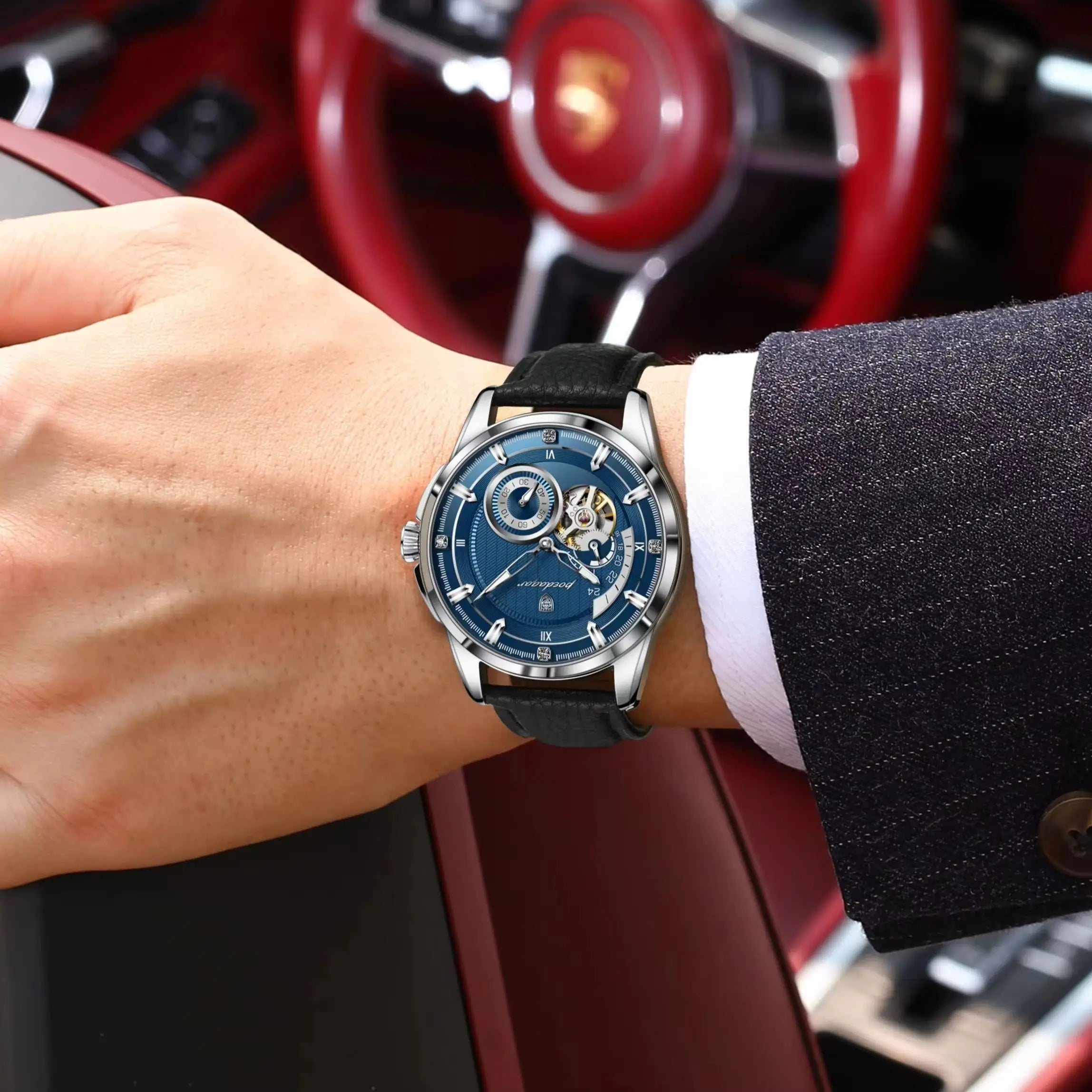 POEDAGAR High Quality Luxury Men Watch Fashion Hollow Tourbillon Man Clock Automatic Mechanical Leather Men's Watches Male Reloj