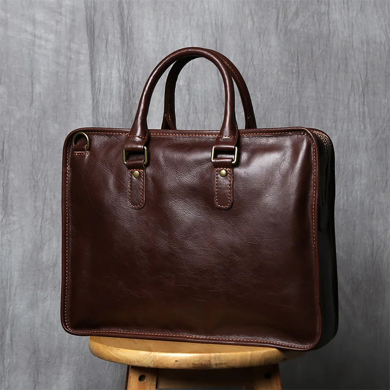 Men's Crazy Horse Leather Briefcase – Slim Natural Cowhide, 14" Laptop, Shoulder & Crossbody