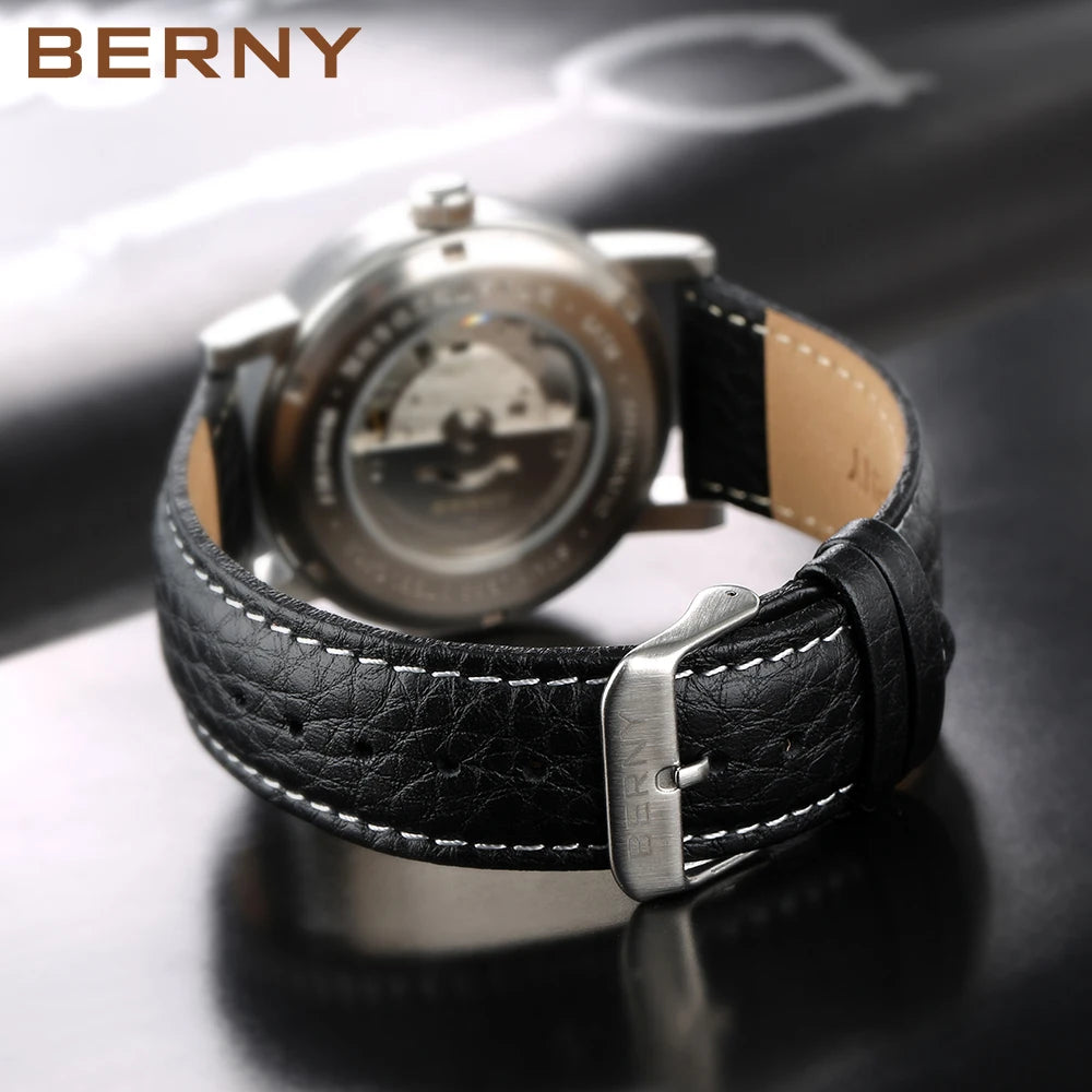 BERNY AM038M Automatic Watch – Seagull ST1612, Sapphire Crystal, Leather Strap, 50m Water Resistant