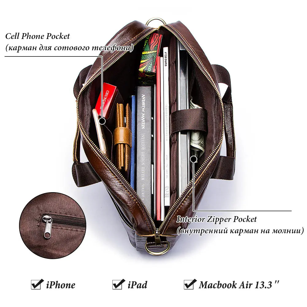 Genuine Leather Briefcase for Men — Business Shoulder & Messenger Bag with Laptop Compartment