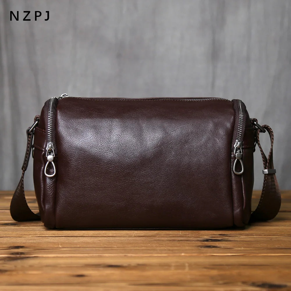 Men's Genuine Leather Shoulder Bag – Compact Natural Cowhide Crossbody, 10" iPad