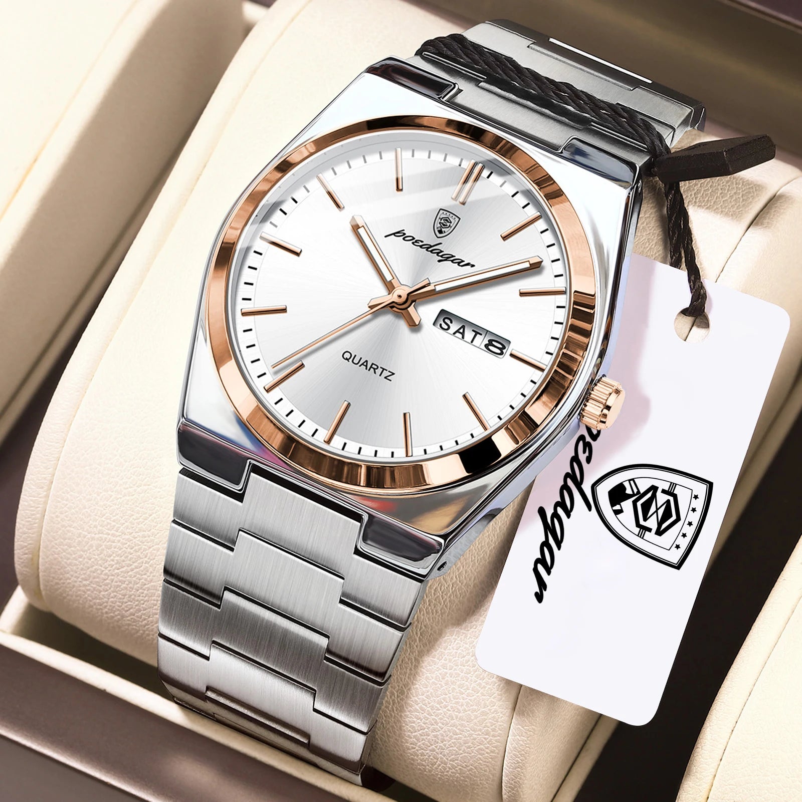 POEDAGAR Business Men Wristwatch Waterproof Stainless Steel Luminous Man Watch Date Week Fashion Quartz Men's Watches Male Reloj