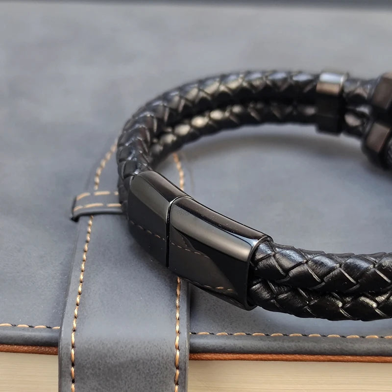 Fashion Luxury Stainless Steel Beaded Hexagon Bracelet Men's Jewelry Classic Multilayer Braided Leather Bracelet Homme Men Gift