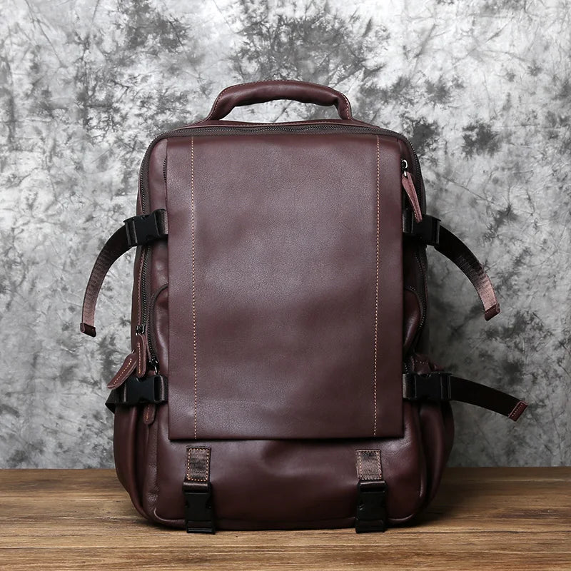 Men's Genuine Leather Backpack – Natural Cowhide, Laptop Compatible, Two Sizes