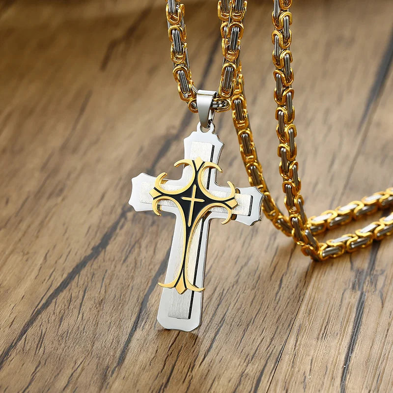Men's Cross Pendant Necklace – 4mm Byzantine Chain, Stainless Steel