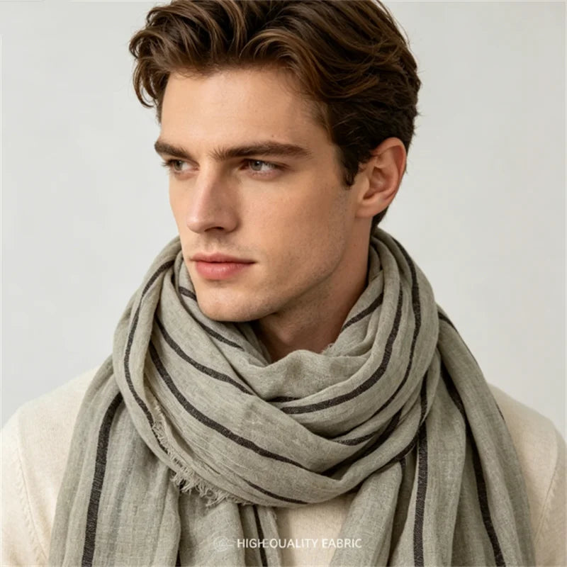 Cotton Linen Striped Scarf – Oversized 200cm, Neutral Tones