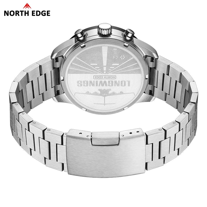 NORTH EDGE Longwings Solar Pilot Watch — Men's Chronograph, Stainless Steel, 50M Water Resistant
