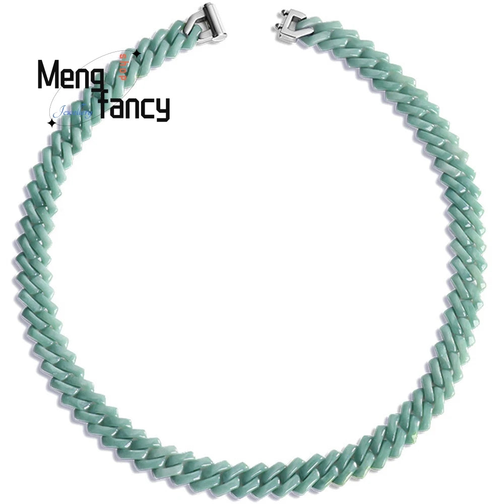 Jade Bean Green Blue Water Rhombus Cuban Chain Bracelet Necklace Jade Titanium Steel Hip - Hop Style Trendy Fashion Luxury Jewel