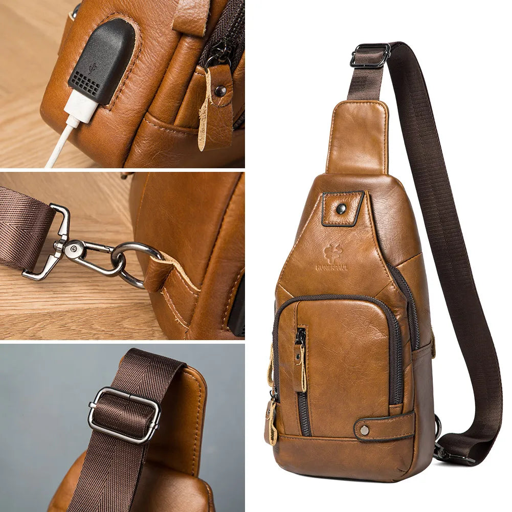 Genuine Leather Chest Bag for Men — USB Charging Crossbody & Shoulder Pack