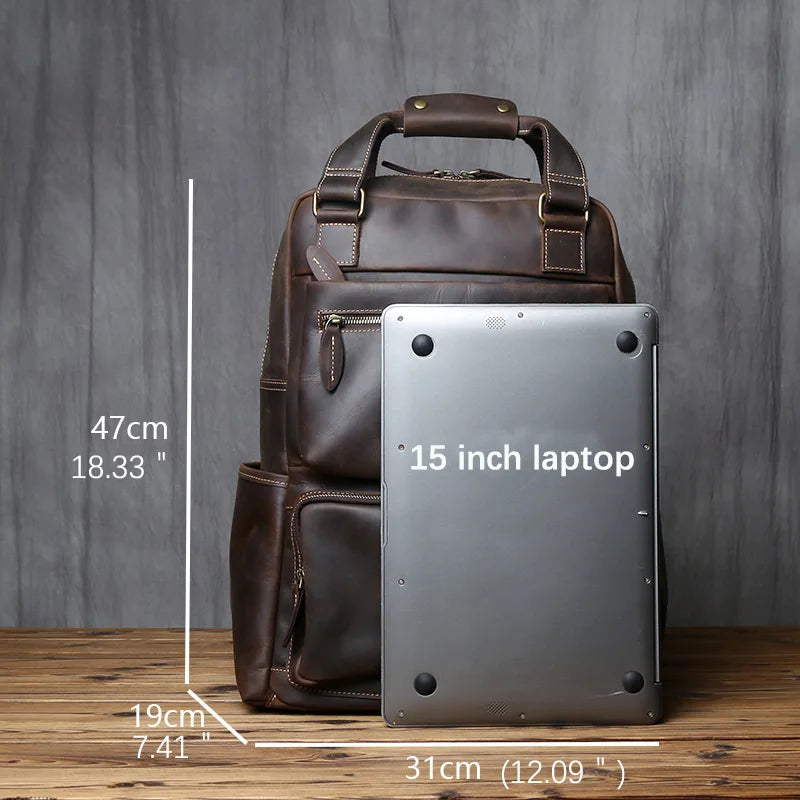 Men's Crazy Horse Leather Backpack – Retro Top-Layer Cowhide, 17" Laptop, Large Capacity