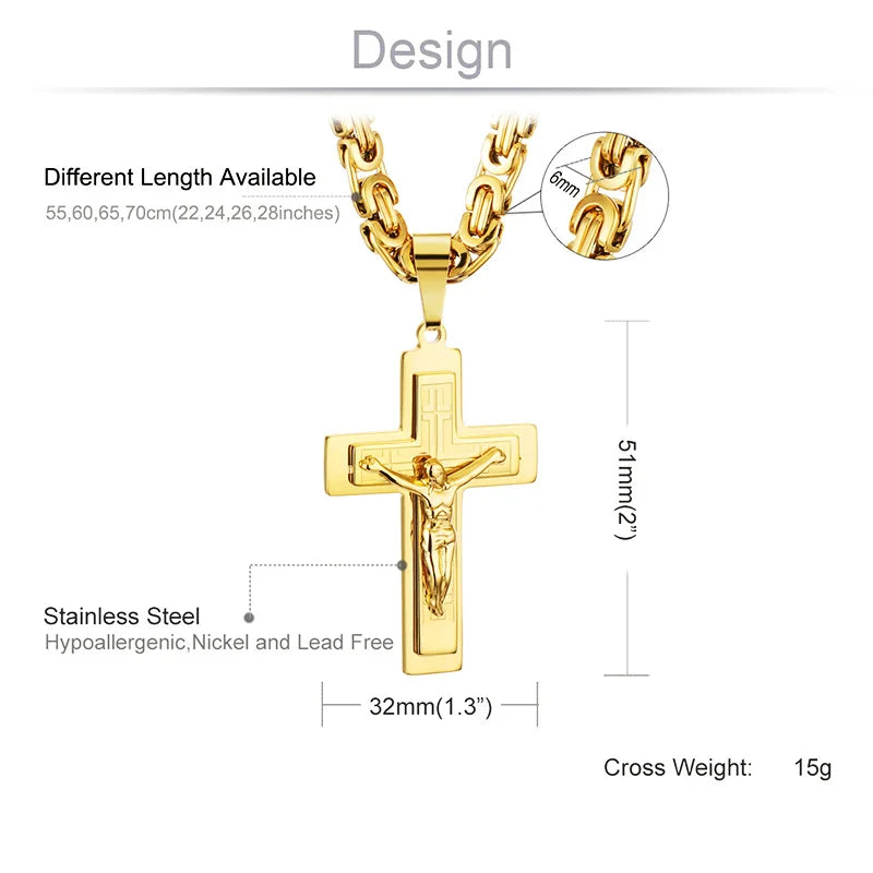 Diyalo Heavy Crucifix Cross Pendant Necklace Men Stainless Steel Male Necklaces Byzantine Chain Men Necklaces Jewelry Gifts