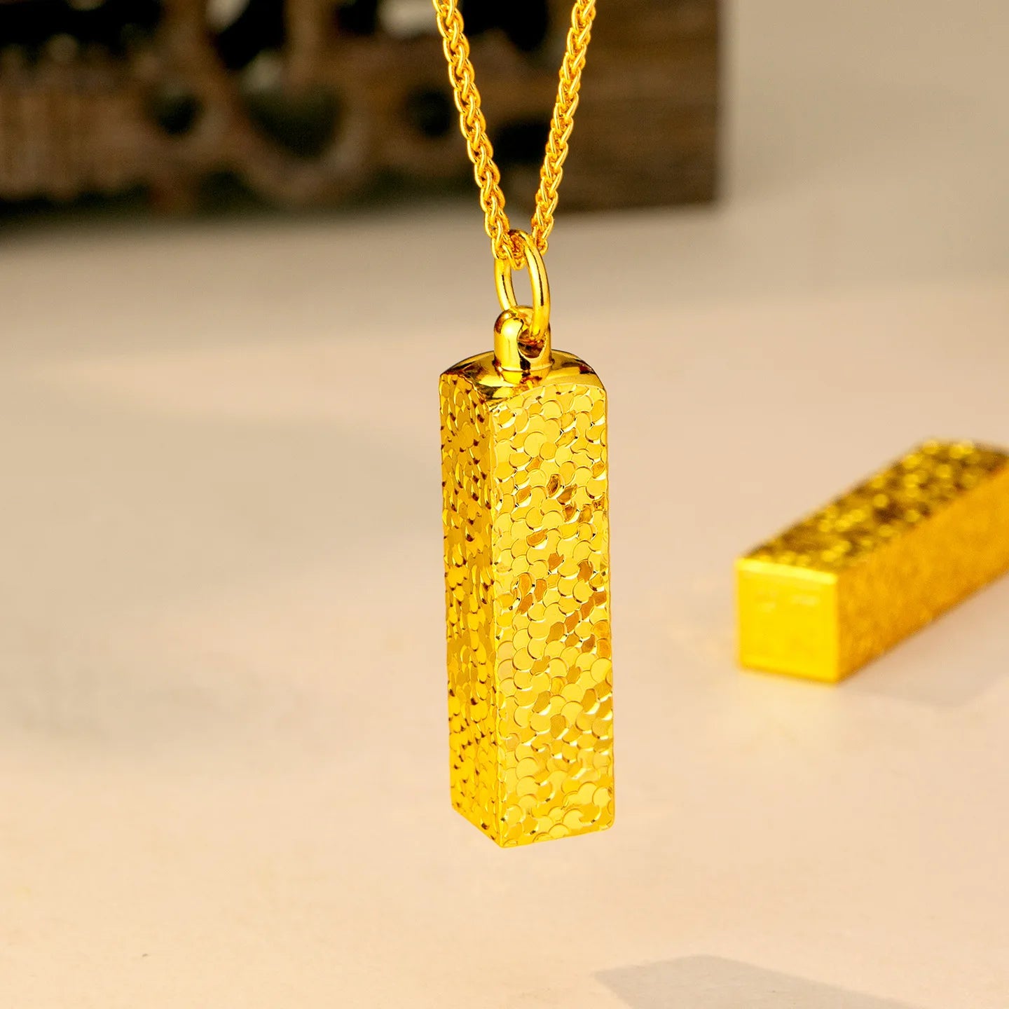 Gold store 9999 24K real gold sparkling crushed ice small gold bar pendant versatile clavicle chain for women