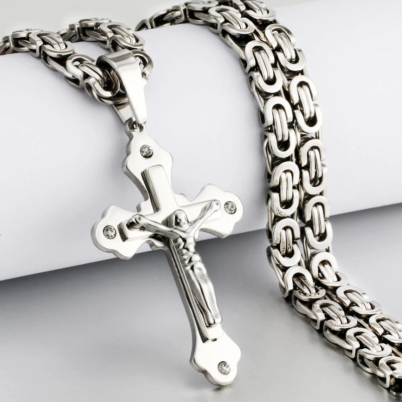 Men's Heavy Crucifix Cross Pendant Necklace – Stainless Steel Byzantine Chain