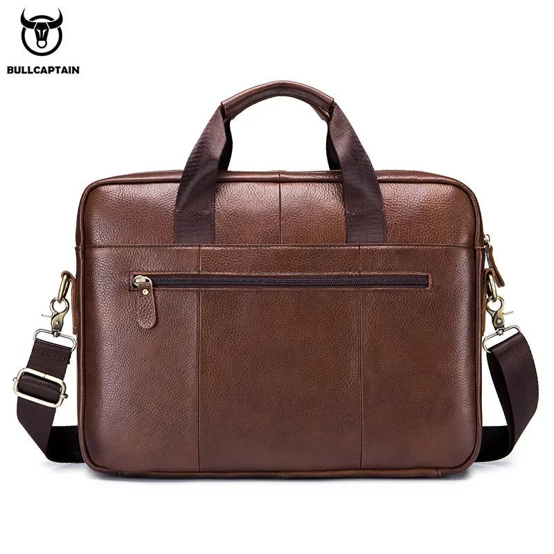 BULLCAPTAIN Genuine Leather Briefcase | 14" Laptop Bag with Detachable Shoulder Strap