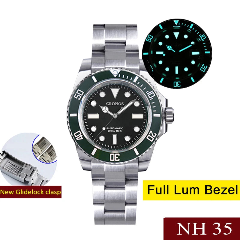Cronos L6015 40mm Dive Watch – NH35, Ceramic Bezel, BGW9 Lume, 200m, Glidelock Clasp