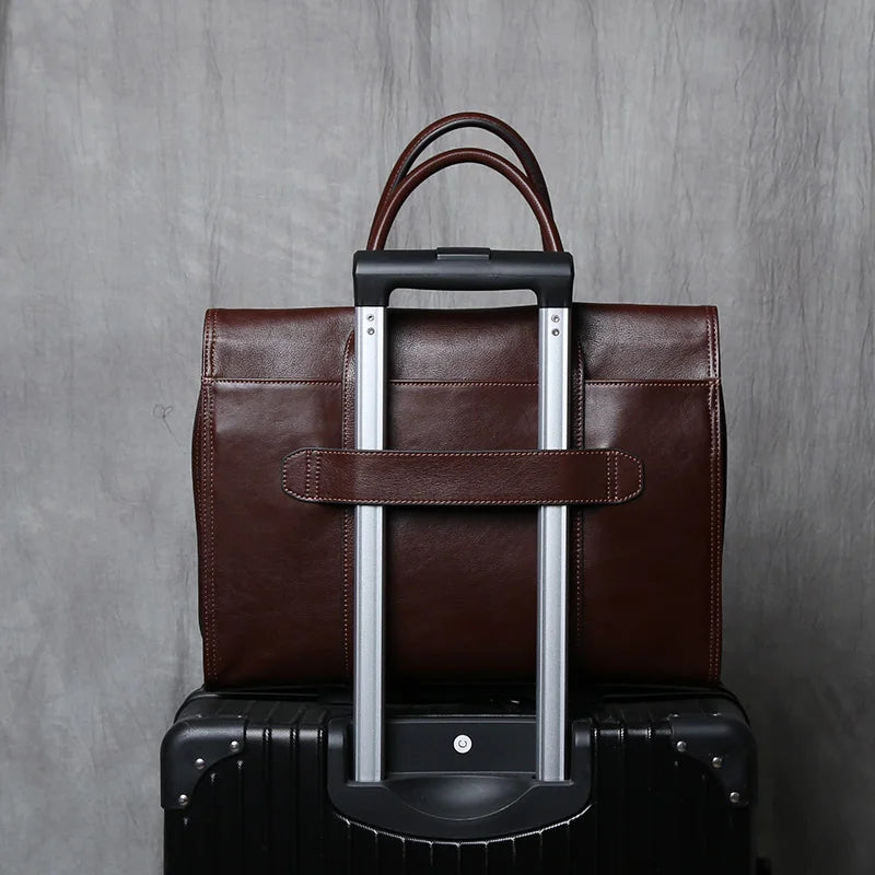 Men's Genuine Leather Briefcase – Magnetic Hasp Satchel, Trolley Sleeve, 14" Laptop