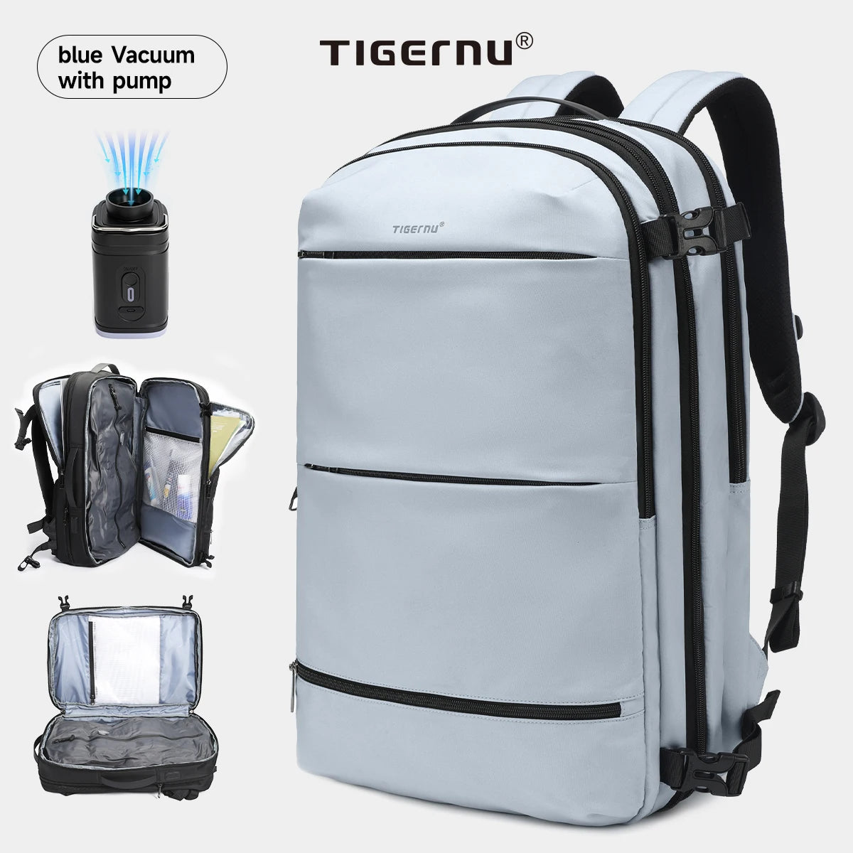 Tigernu Vacuum Compression Backpack – Expandable 27–37L, TSA Lock, USB Charging, 17" Laptop