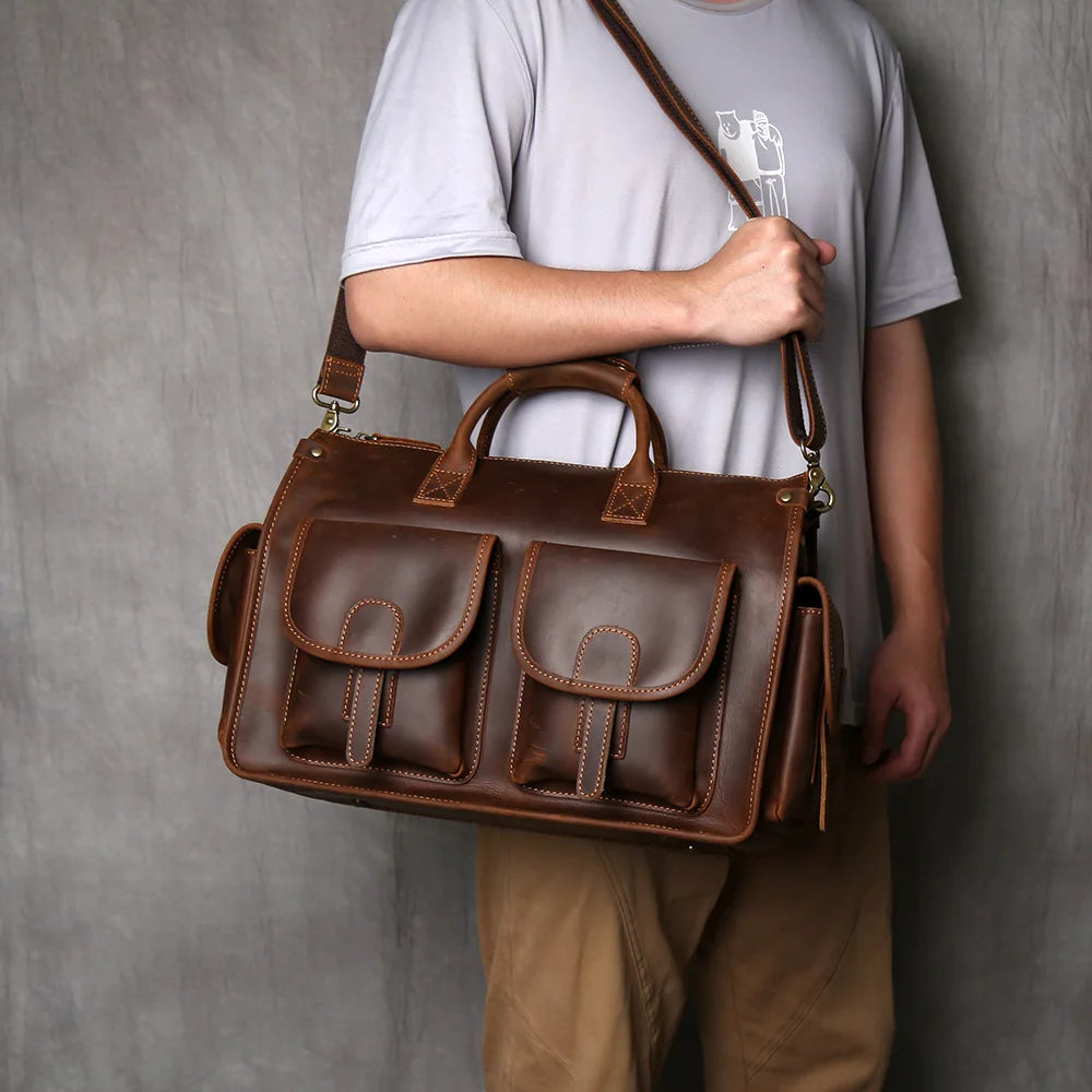 Men's Crazy Horse Leather Briefcase – Hard Structured Satchel, Rivet Detail, 16" Laptop