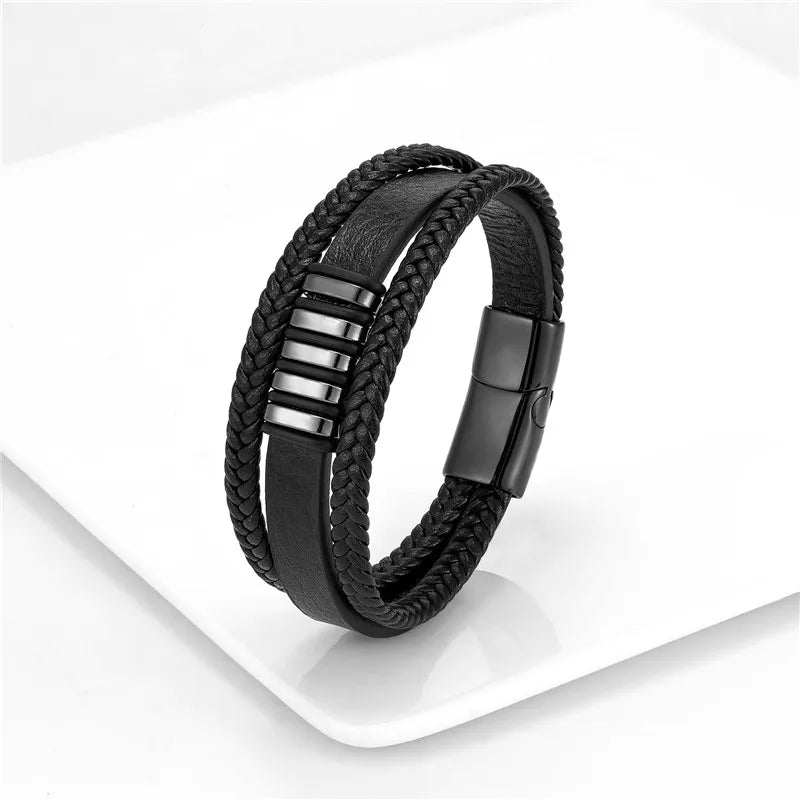 Men's Multilayer Woven Leather Bracelet – 316L Stainless Steel Magnetic Clasp