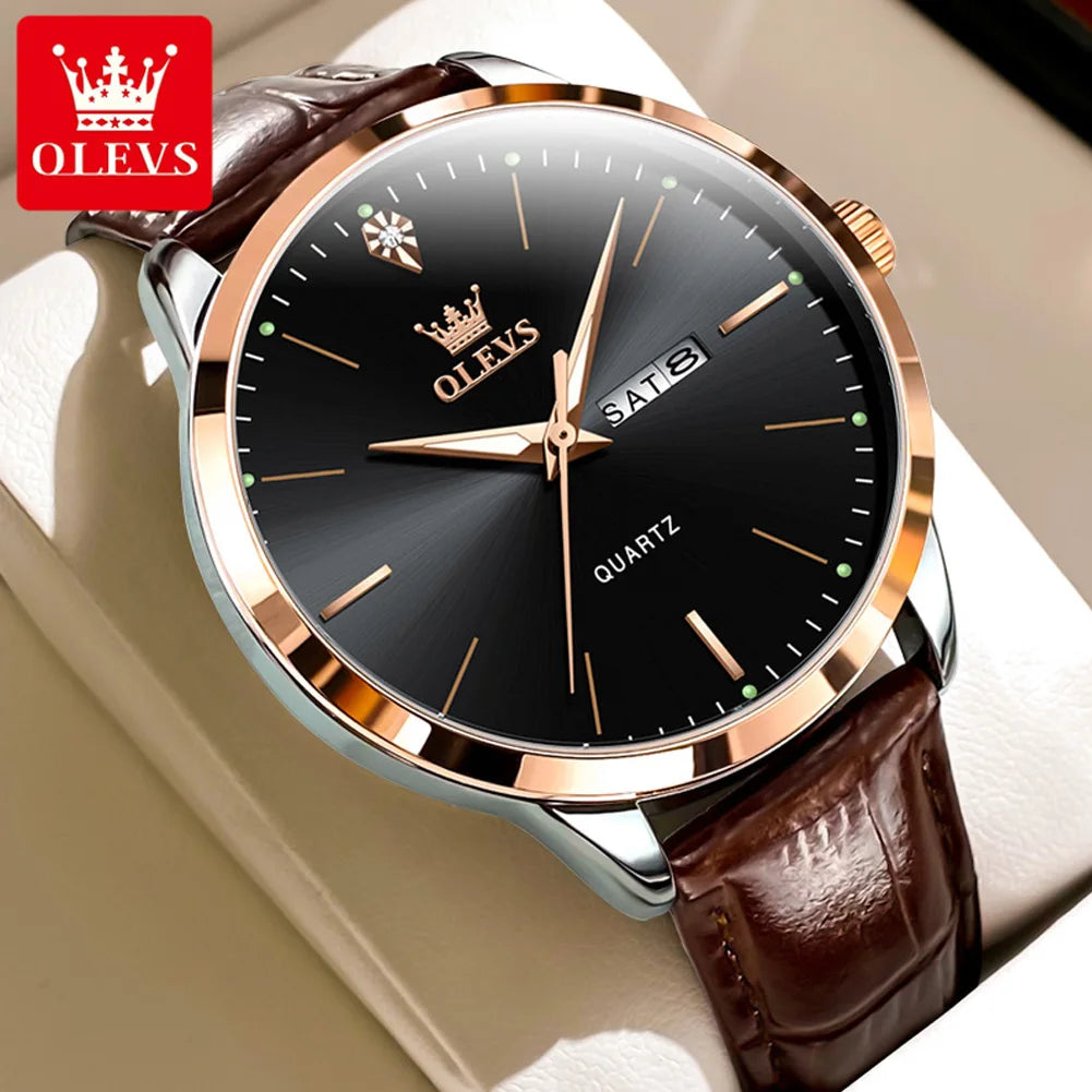 OLEVS Top Original Quartz Watches for Men Simplicity Dual Calendar Large Dial Leather Strap Waterproof Luminous Men's Wristwatch