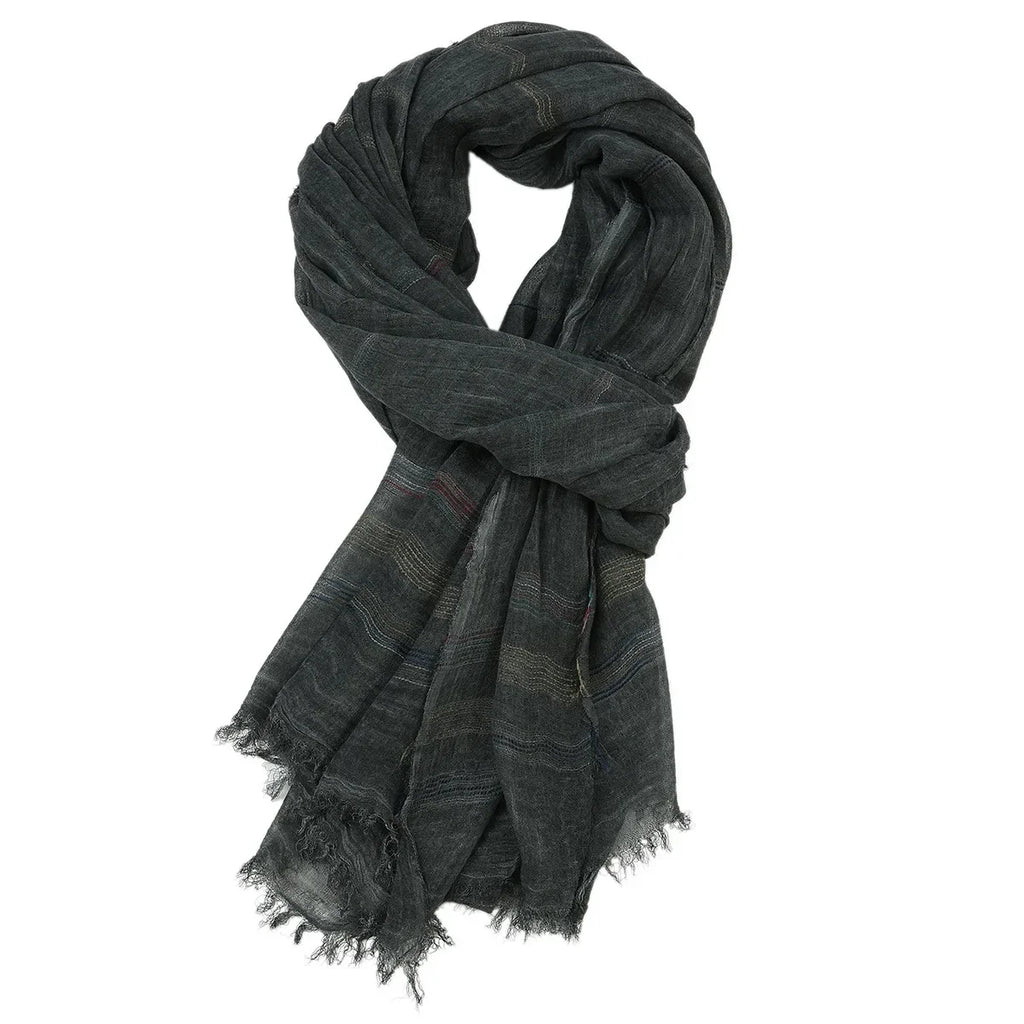 Men's Yarn-Dyed Striped Cotton Linen Scarf | Tassel Shawl & Wrap