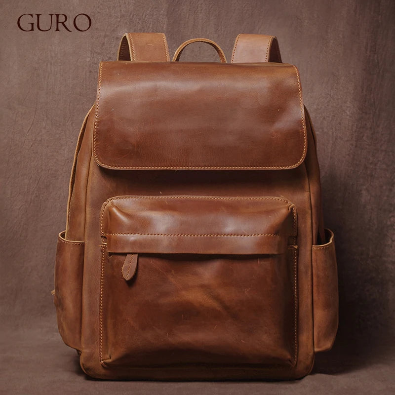 Guro Vintage Genuine Leather Backpack – Crazy Horse Cowhide, 16" Laptop, Travel