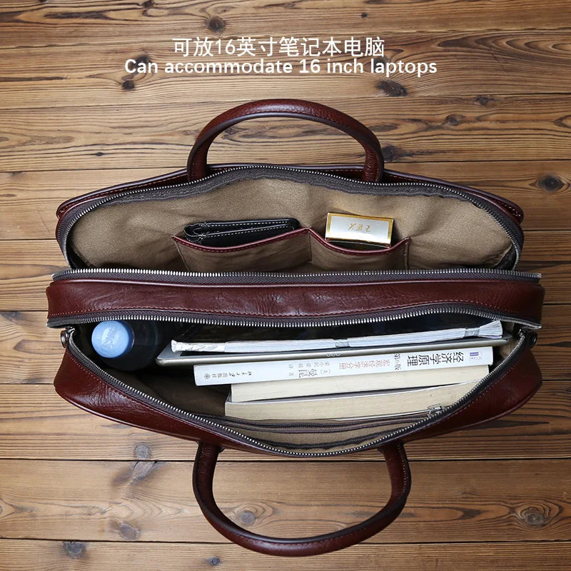 Men's Genuine Leather Briefcase – Vintage Natural Cowhide, 16" Laptop & iPad Compatible