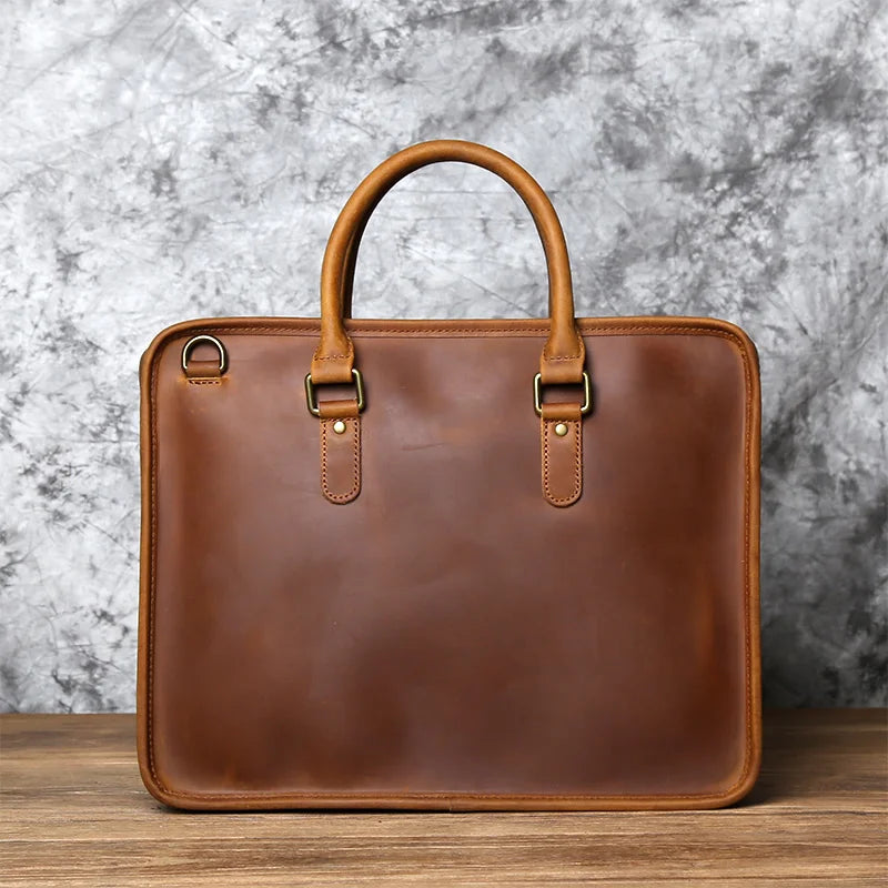 Men's Crazy Horse Leather Briefcase – Two Sizes, 15" or 16" Laptop, Shoulder Carry