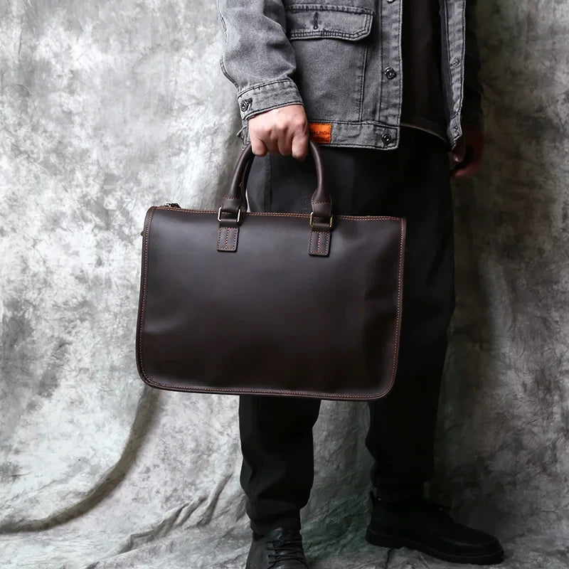 Men's Genuine Leather Briefcase – Vintage Natural Cowhide Messenger, 14" Laptop, Shoulder Carry