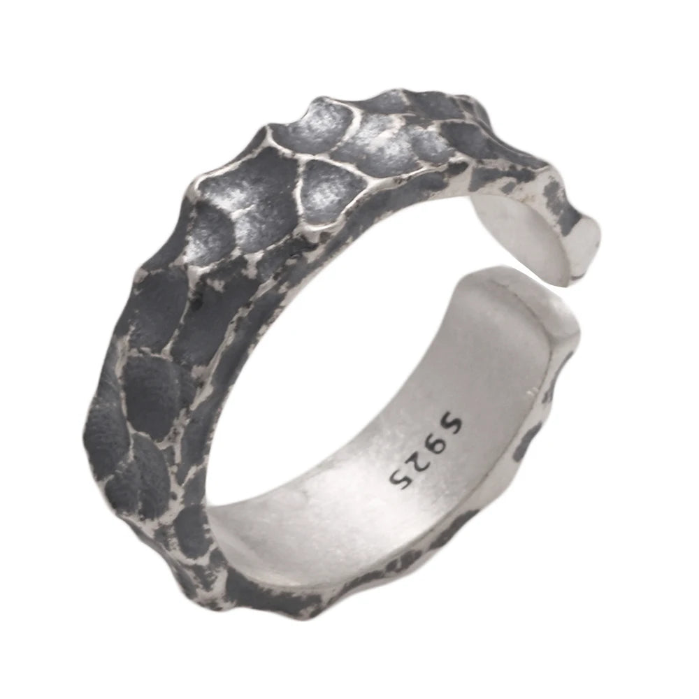 Real 925 Sterling Silver Mens Rings Open Type Hammer Pattern Retro Punk Viking Jewelry Resizable