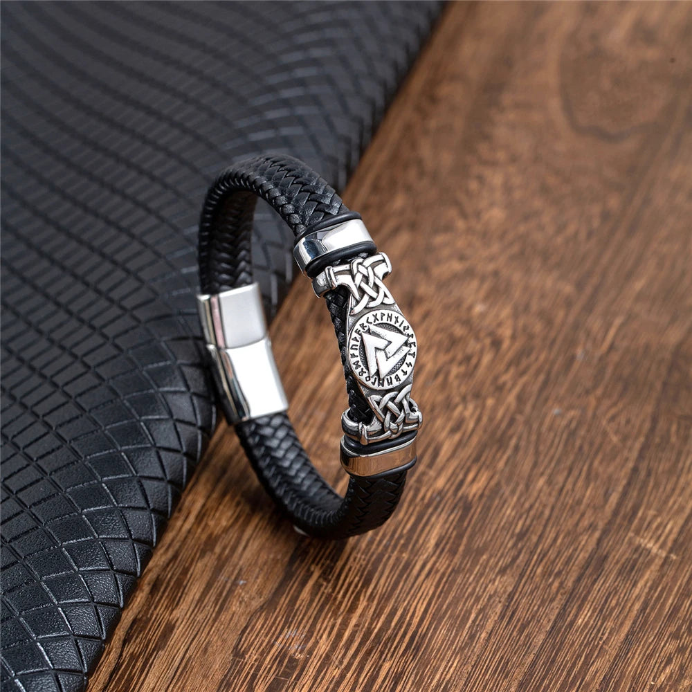 Vintage Handmade Norse Runes Valknut Bracelet Men Stainless Steel Vikings Celtic Knot Amulet Leather Bangle Scandinavian Jewelry