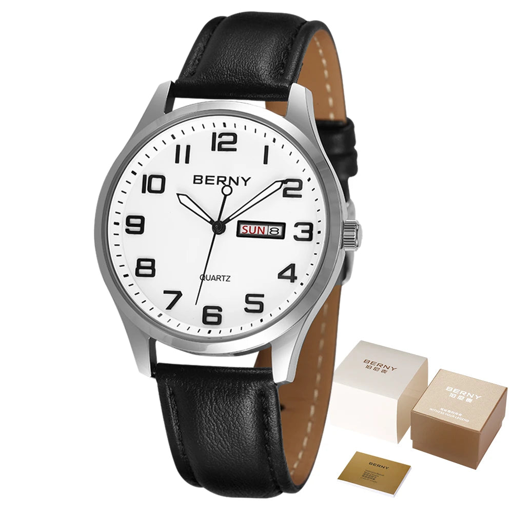 BERNY 2671M Business Dress Watch | Miyota 2105 | Genuine Leather | Day-Date