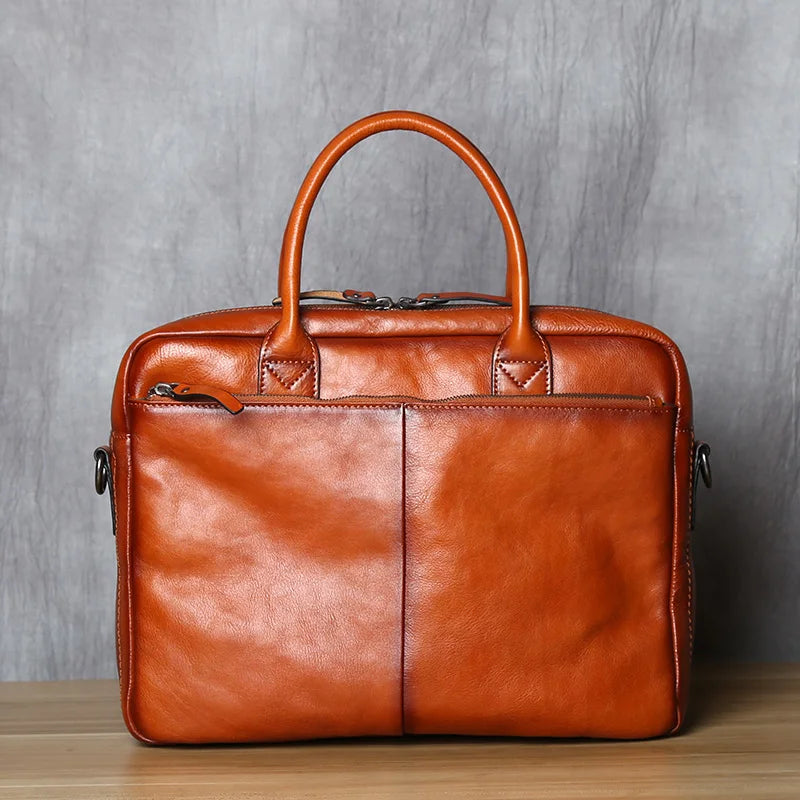 Men's Genuine Leather Briefcase – Retro Cowhide, Back 12" Tablet Pocket, 14" Laptop