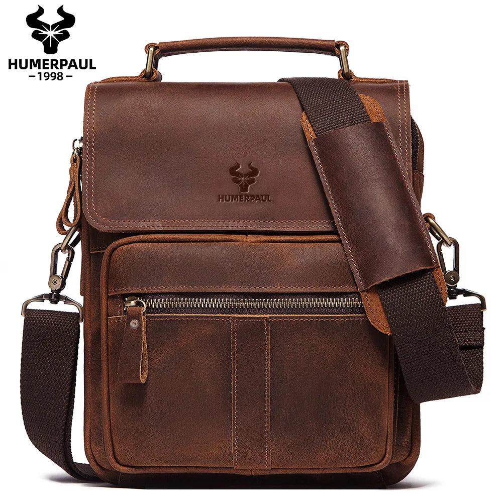Genuine Leather Business Shoulder Bag for Men — Vintage Crossbody Messenger with Adjustable Strap