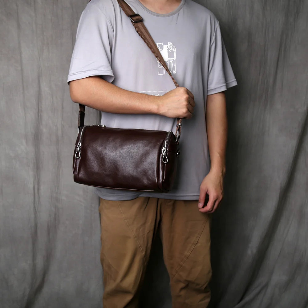 Men's Genuine Leather Shoulder Bag – Compact Natural Cowhide Crossbody, 10" iPad