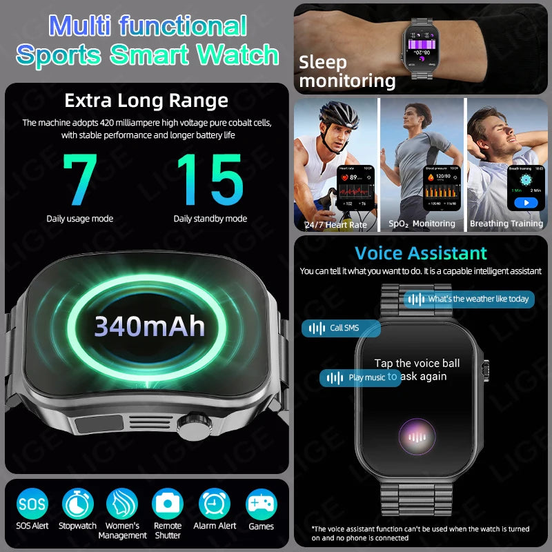 LIGE Smart Watch – 2.2" 3D Curved Display, Body Temp, Bluetooth Calling, IP67