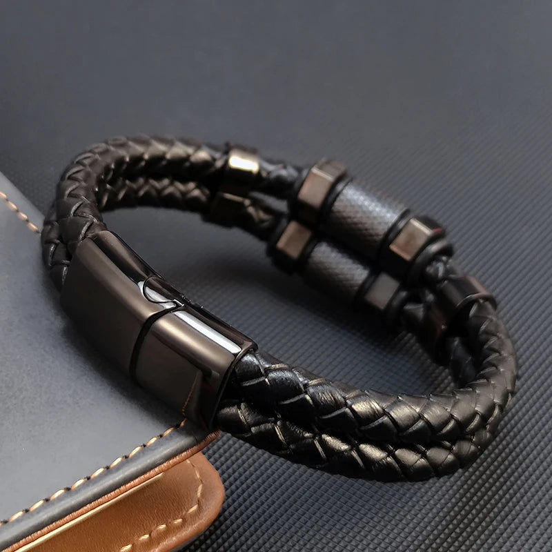 Fashion Luxury Stainless Steel Beaded Hexagon Bracelet Men's Jewelry Classic Multilayer Braided Leather Bracelet Homme Men Gift
