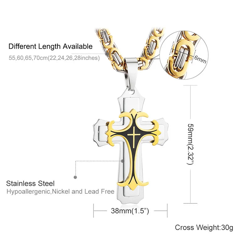 Male Vintage Christian Trinity Latin Cross Necklace Multi-layers Stainless Steel Cross Pendants Necklaces Catholic  Jewelry