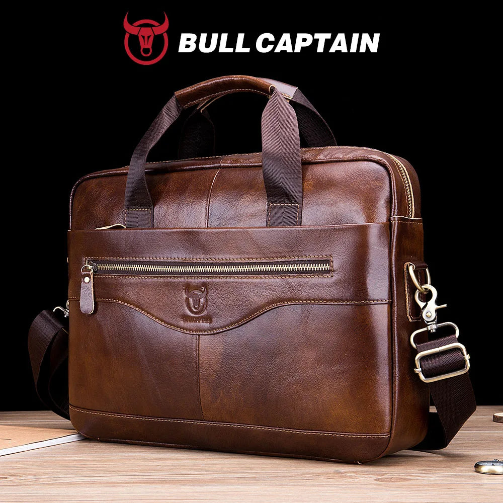 BULLCAPTAIN Genuine Leather Briefcase | 14" Laptop Shoulder & Messenger Bag