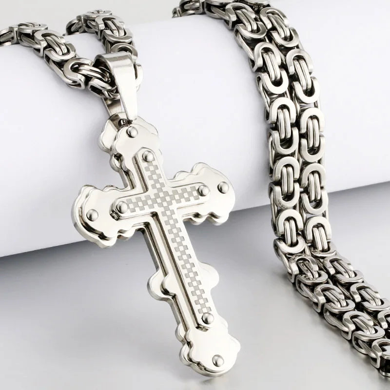Men's Heavy Crucifix Cross Pendant Necklace – Stainless Steel Byzantine Chain