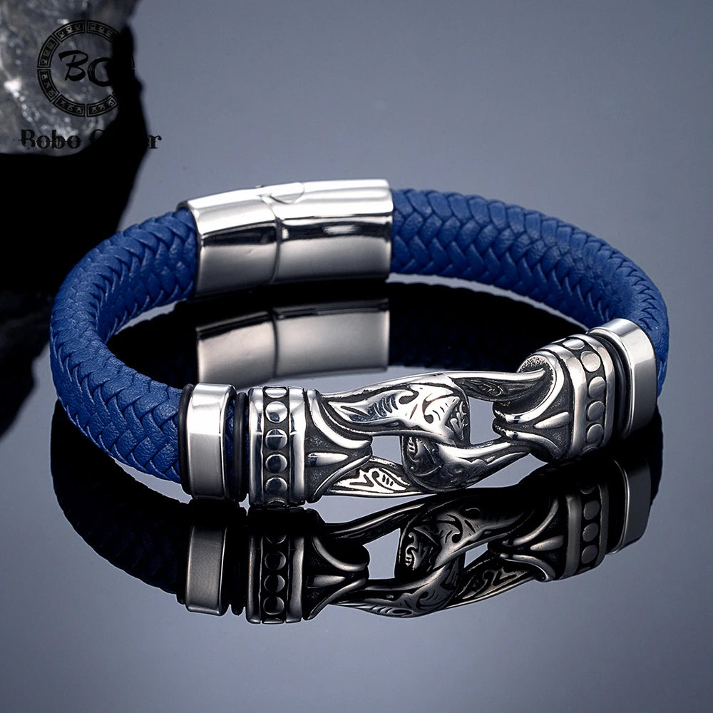 Handmade Leather Weaved Men's Bracelets Stainless Stee Infinity Viking Charm Cuff Bangle Wristband Vintage Jewelry Gift for Dad