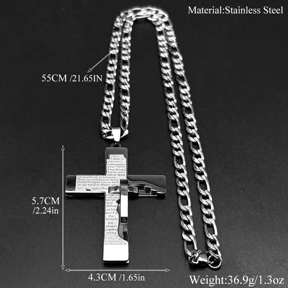 Christian English Bible Cross Pendant Chain Necklace for Women Men Stainless Steel Gold Color Punk Necklace Amulet Jewelry Gift