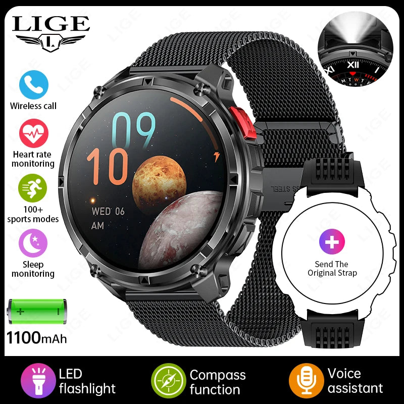 LIGE Military Smart Watch – 1100mAh, LED Flashlight, Compass, Bluetooth Calling, IP68