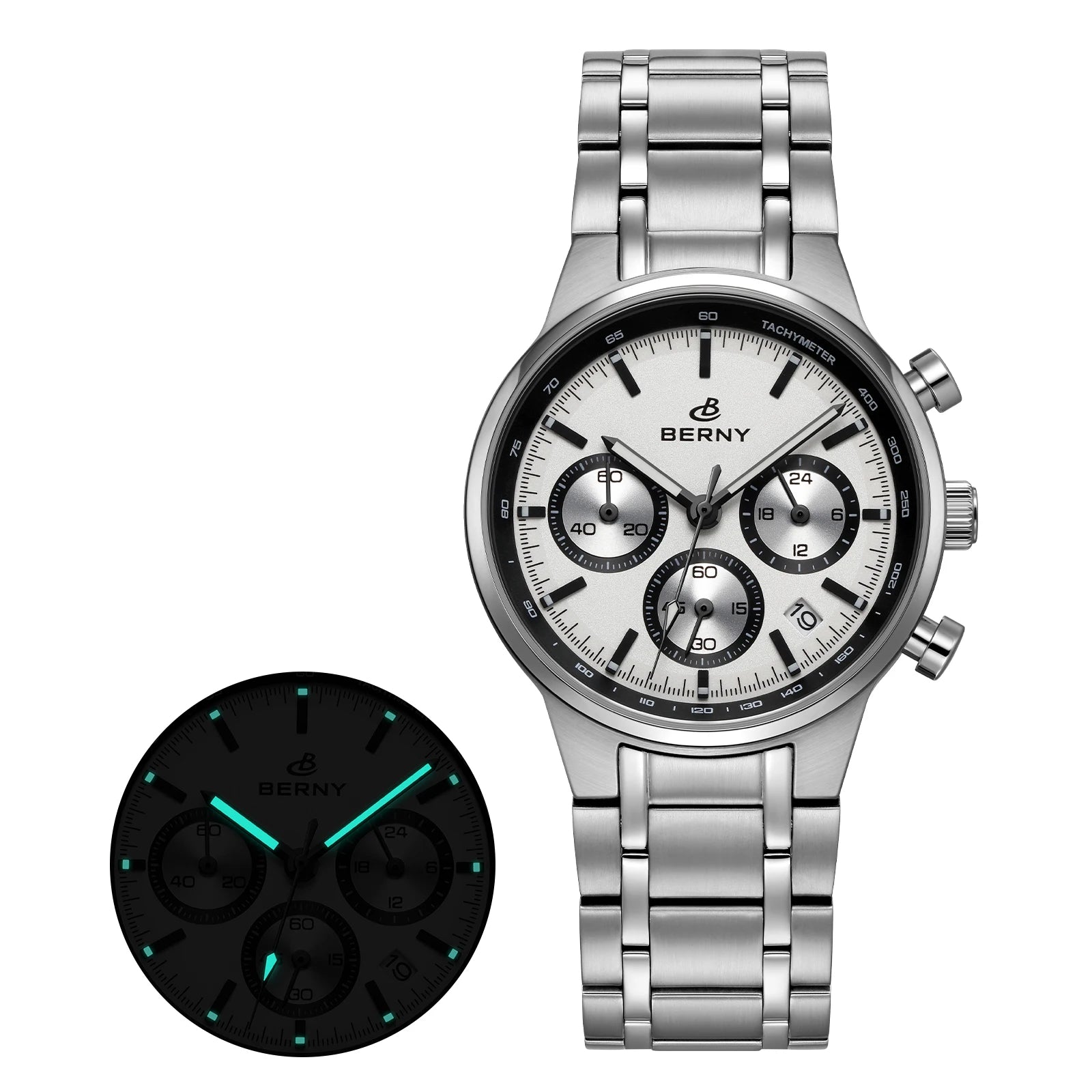 BERNY 2825M Quartz Chronograph Watch – Panda Dial, Sapphire-Coated Crystal, 38mm Stainless Steel