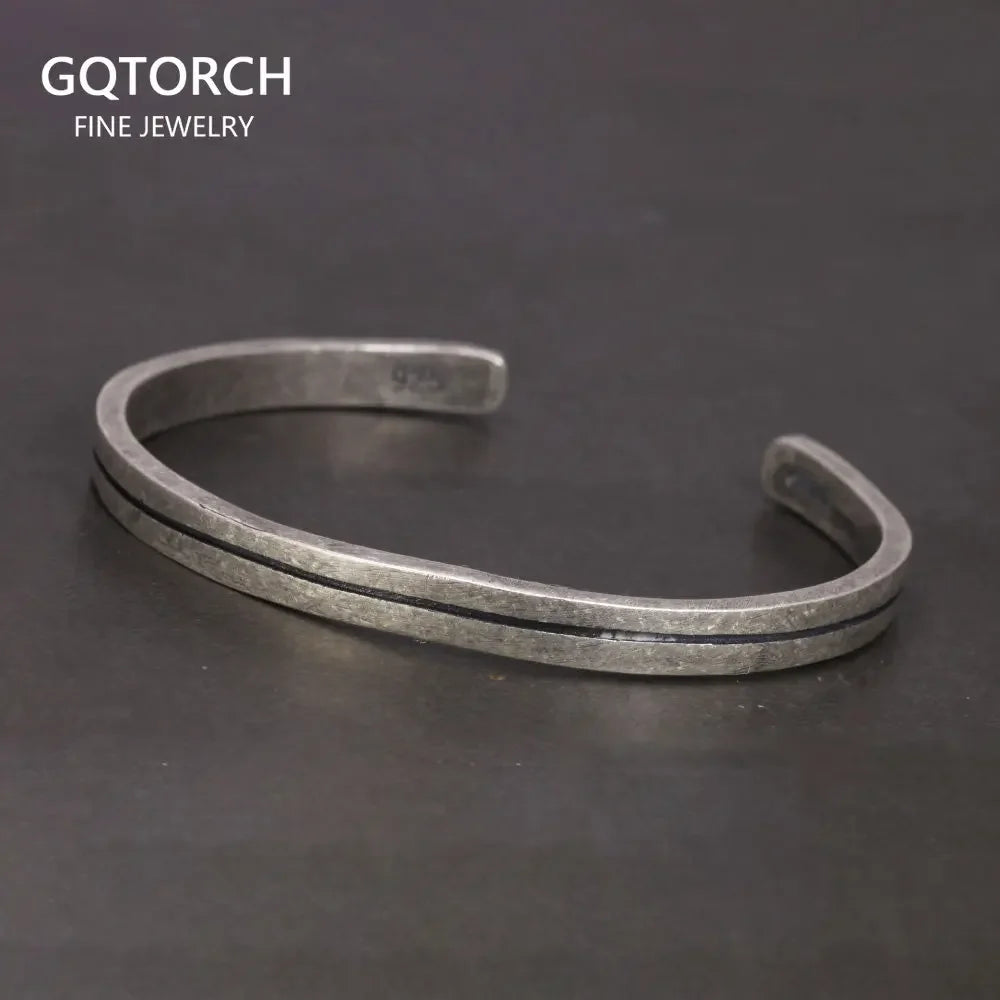 S925 Sterling Silver Viking Open Cuff Bangle — Handcrafted
