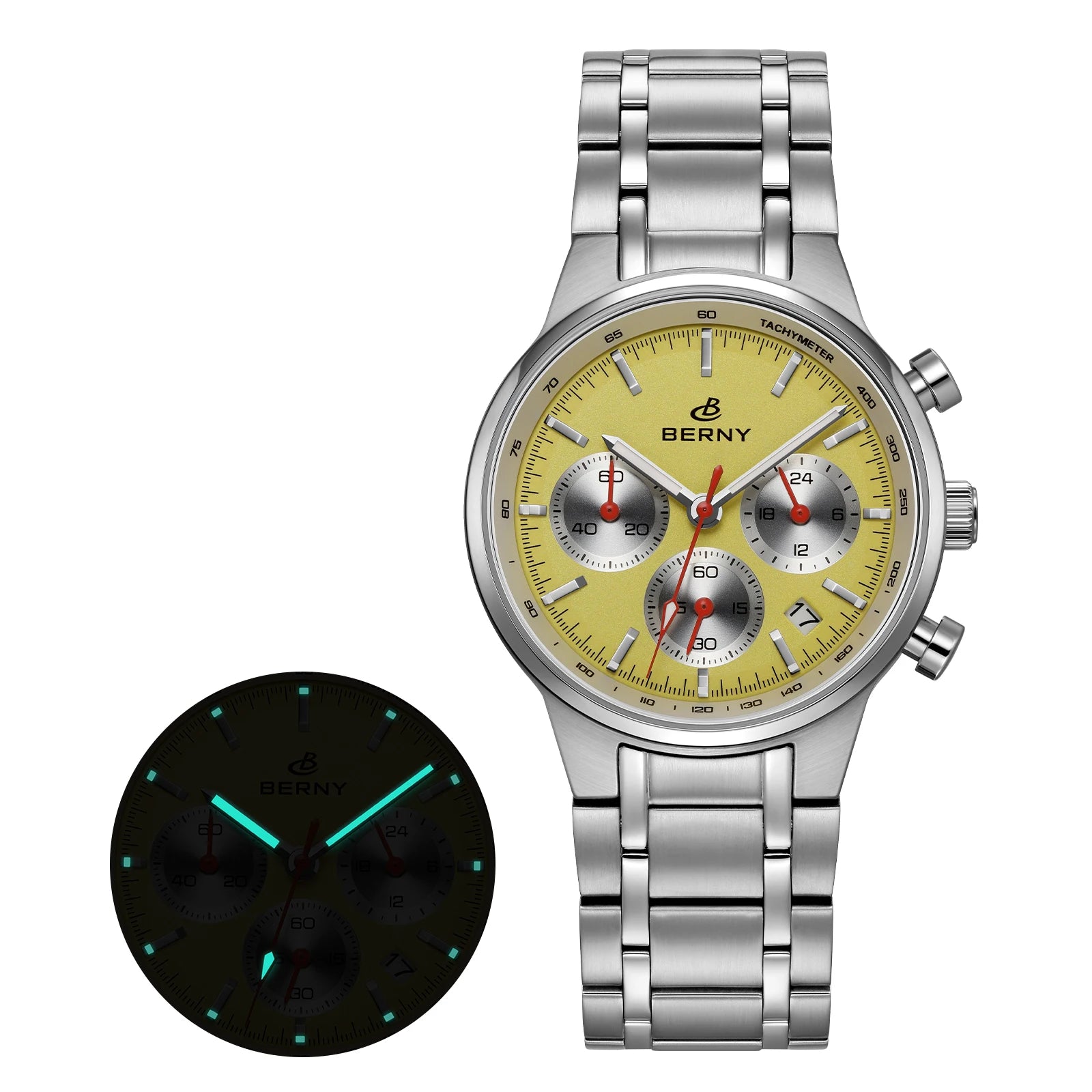 BERNY 2825M Quartz Chronograph Watch – Panda Dial, Sapphire-Coated Crystal, 38mm Stainless Steel
