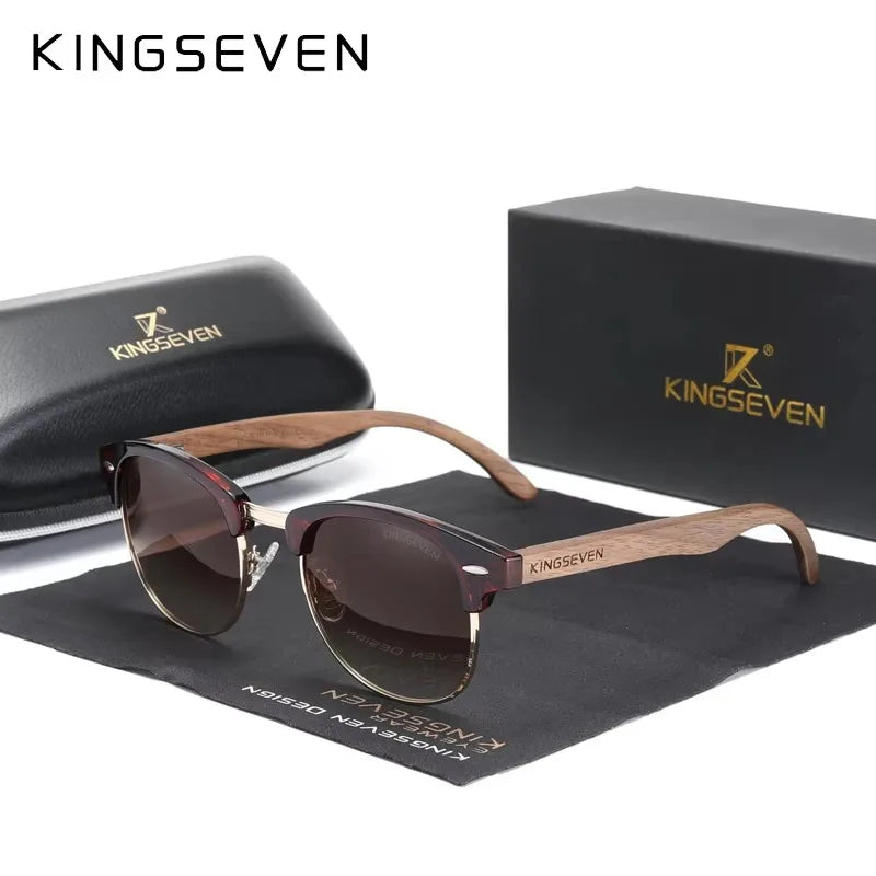 KINGSEVEN Vintage Round Wood Sunglasses – Polarised UV400
