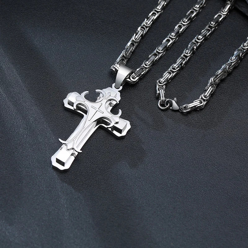 Men's Cross Pendant Necklace – 4mm Byzantine Chain, Stainless Steel