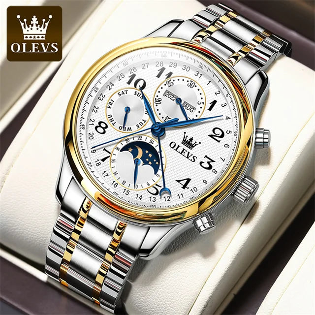 OLEVS Original Automatic Mechanical Watch for Men Leather Strap Moon Phase Waterproof  Week Calendar Business Men's Wristwatches